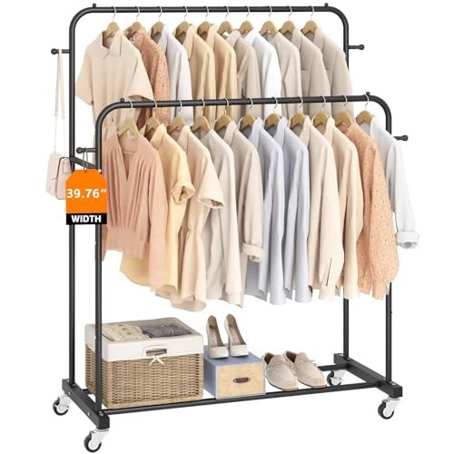 Double Rod Garment Rack with Wheels, Clothing Organizer with 4 Hooks, Multi-func