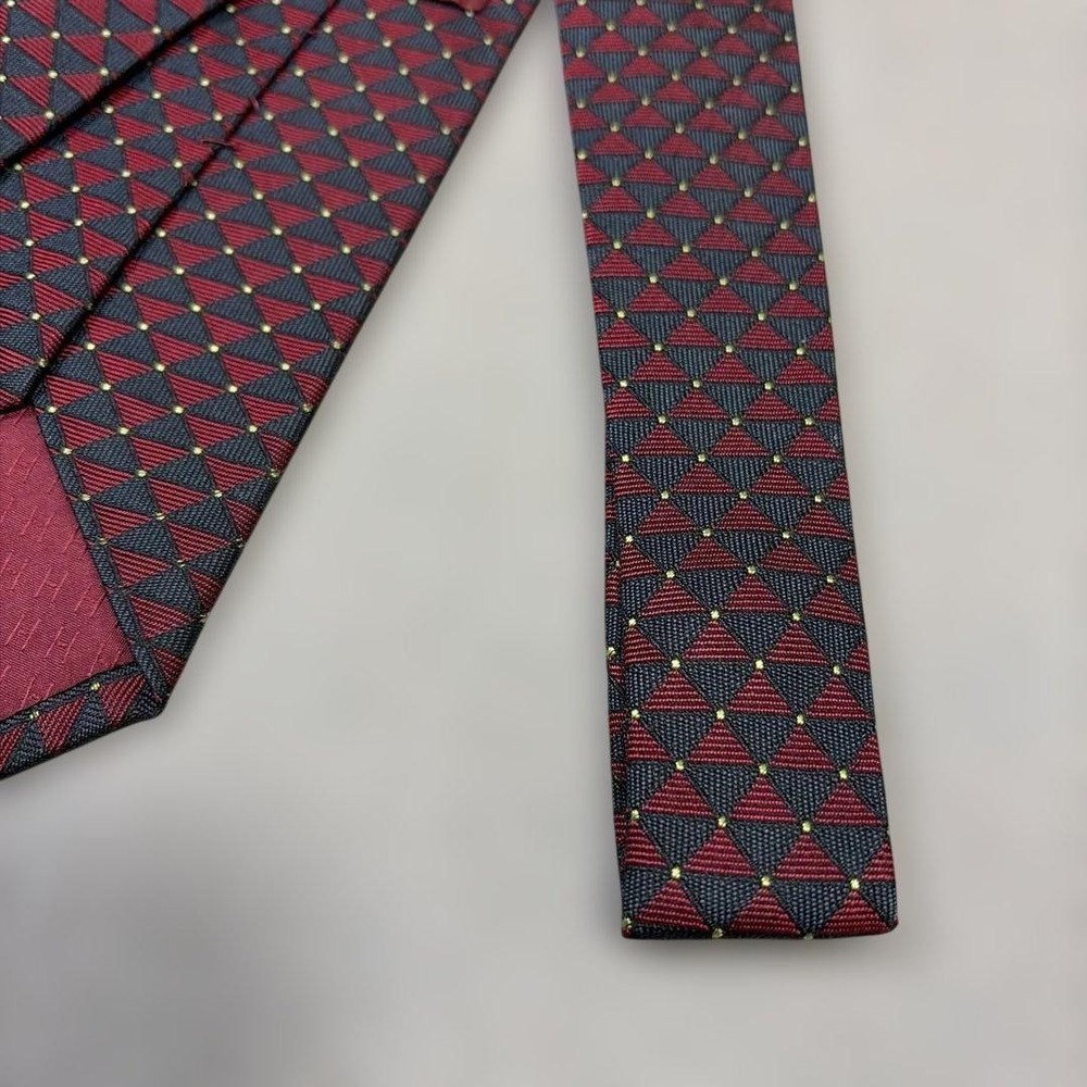 HERMES Silk Tie Red Navy Diamond Pattern