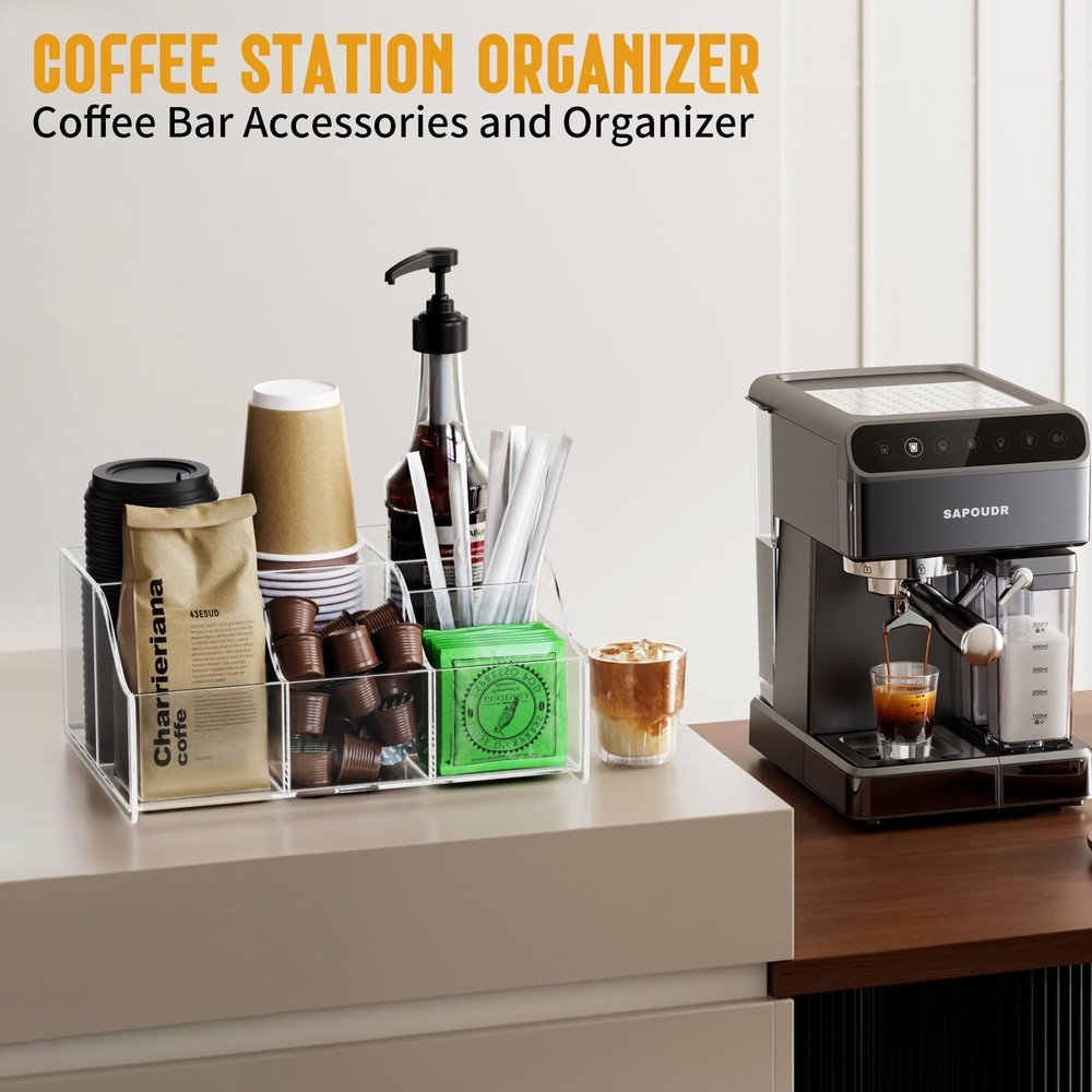 Acrylic Coffee Bar Organizer Station - Multiple Compartments - Kitchen Bar To...
