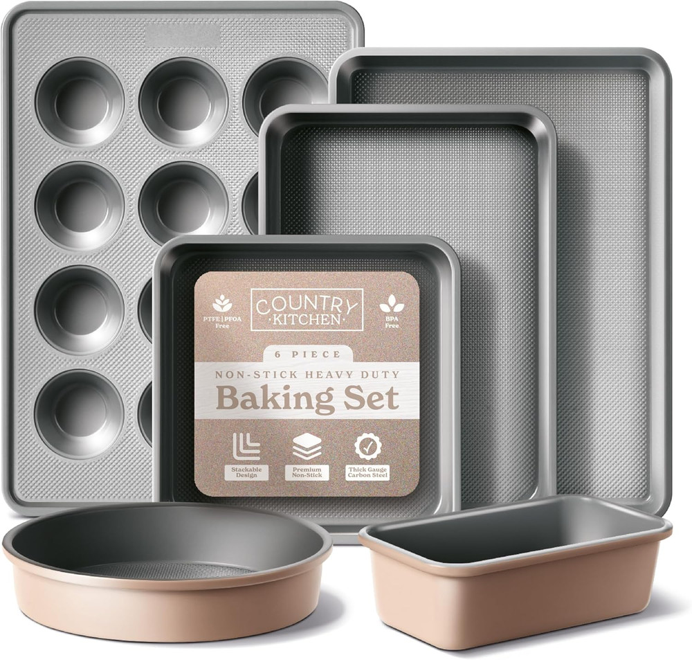 Nonstick Stackable Bakeware Set - Durable, Easy Release Baking Set, Taupe, 6 Pcs
