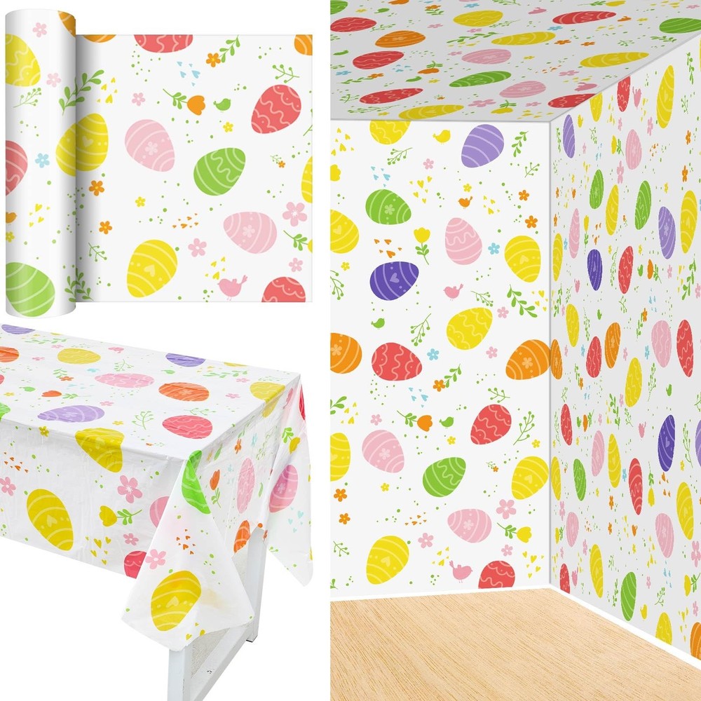 100 ft Easter Tablecloth Roll Disposable Plastic Easter Egg Table Clothes Tab...