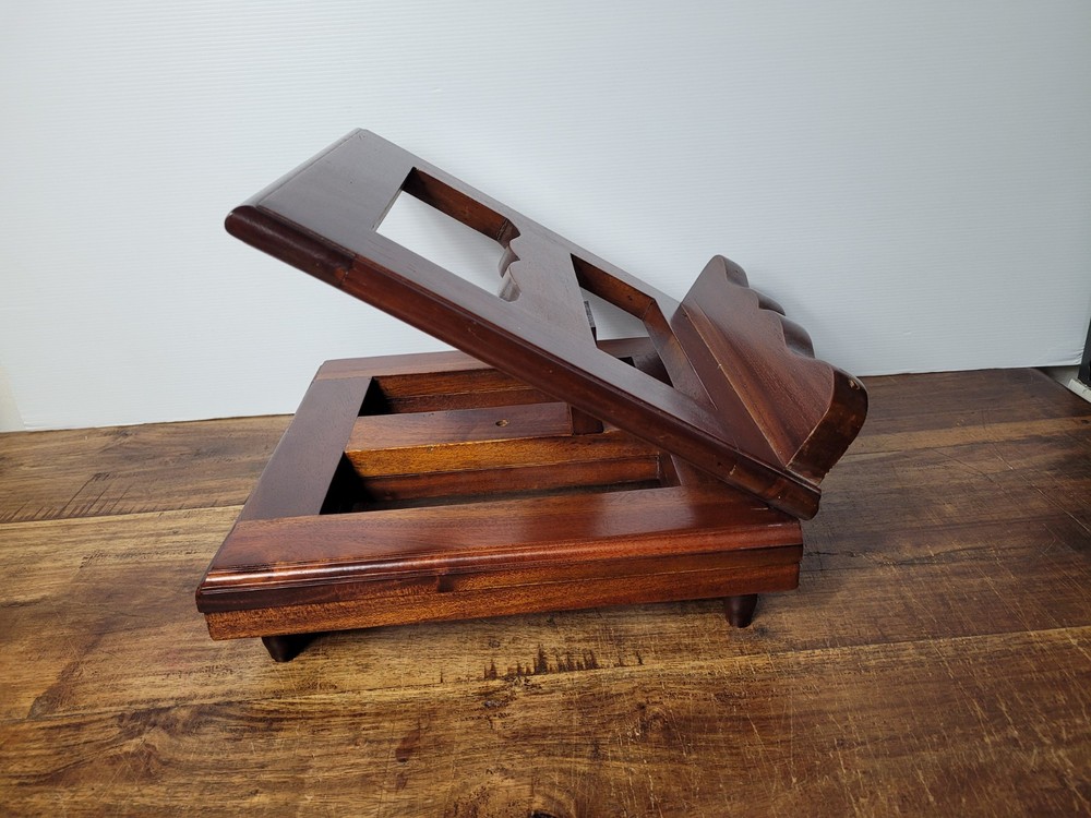 Vintage Solid Timber Tabletop Book Holder, Brass Hinges, Turned Timber Feet