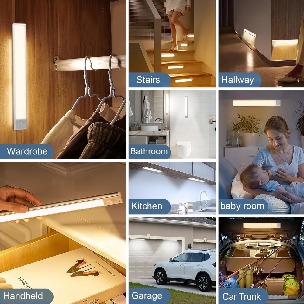 3 Pack LED Under Cabinet Lights Rechargeable Motion Sensor 3 Color Dimmable Lamp