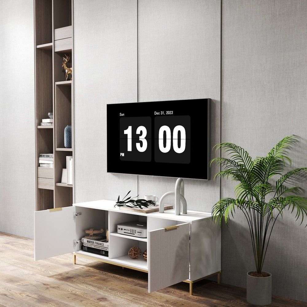 Modern TV Stand with Wave-Design Doors, Open Shelf & Adjustable Shelf White
