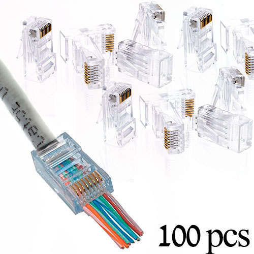 50-Pack Cat5e RJ45 Modular Plug Connector Pass-Through Crimp Tool End