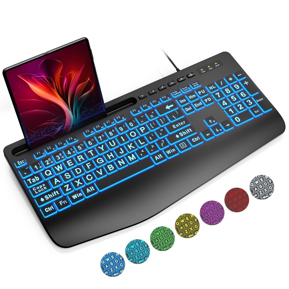 SABLUTE Large Print Backlit Keyboard, Wired USB Computer Keyboards with 7-Col...