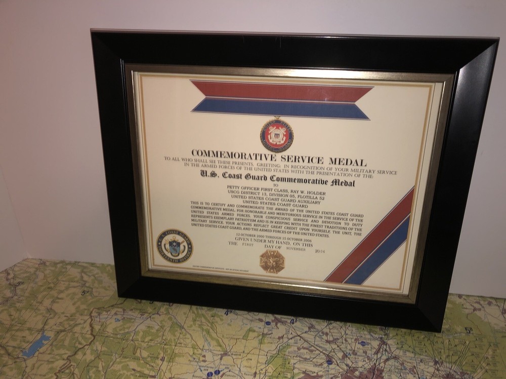 U.S. COAST GUARD COMMEMORATIVE MEDAL CERTIFICATE ~ Type 1