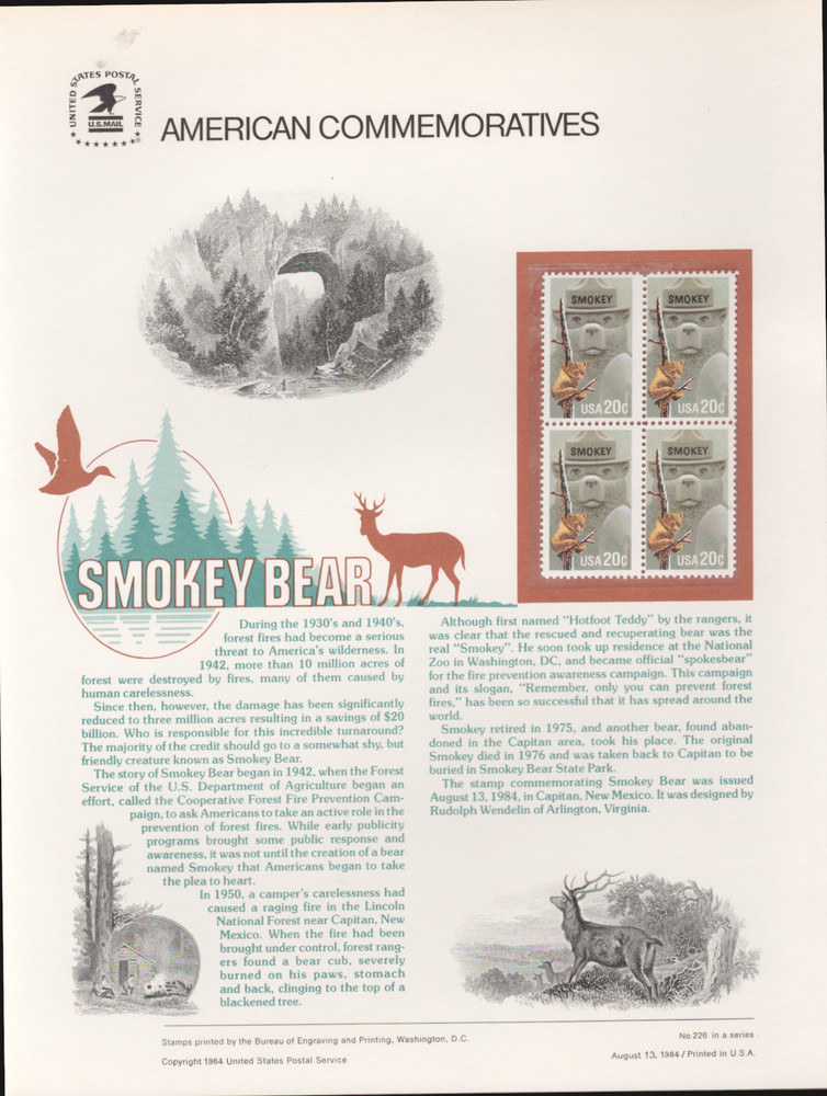 1984 Commemorative Panel Honoring Smokey Bear
