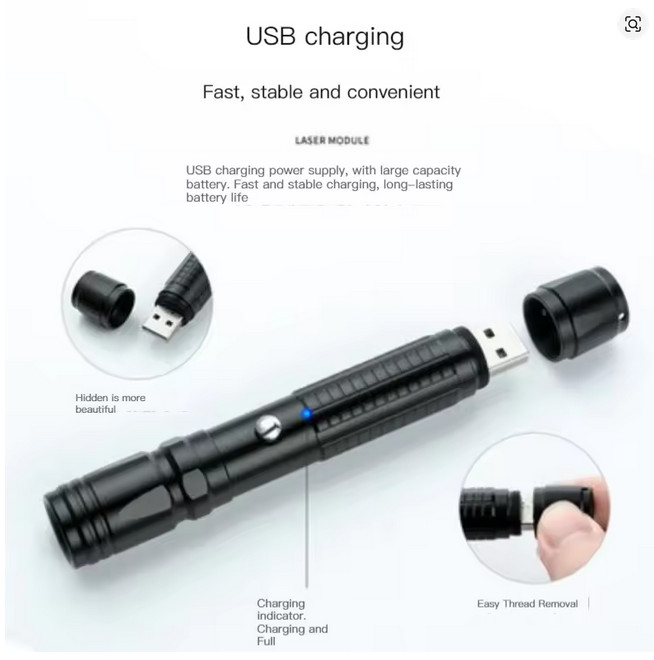 USB Rechargeable Presentation Laser Pointer Green Visible Light Beam Silver Body