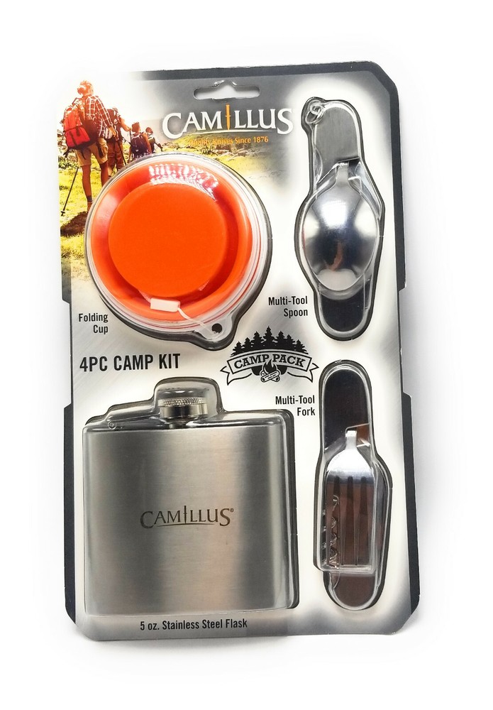 Camillus Camp Kit Flask, Folding Cup, Spoon, Fork Stainless Steel 4 Pieces