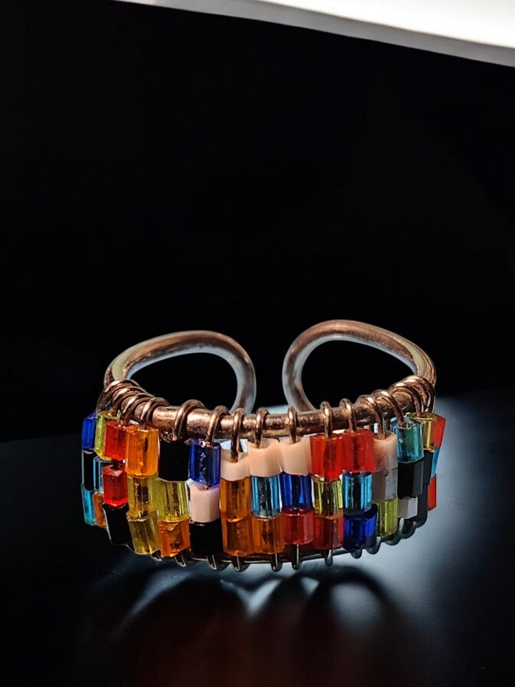 Vintage Multicolor Glass Beaded Adjustable Ring Boho Artisan Style Size 6-8