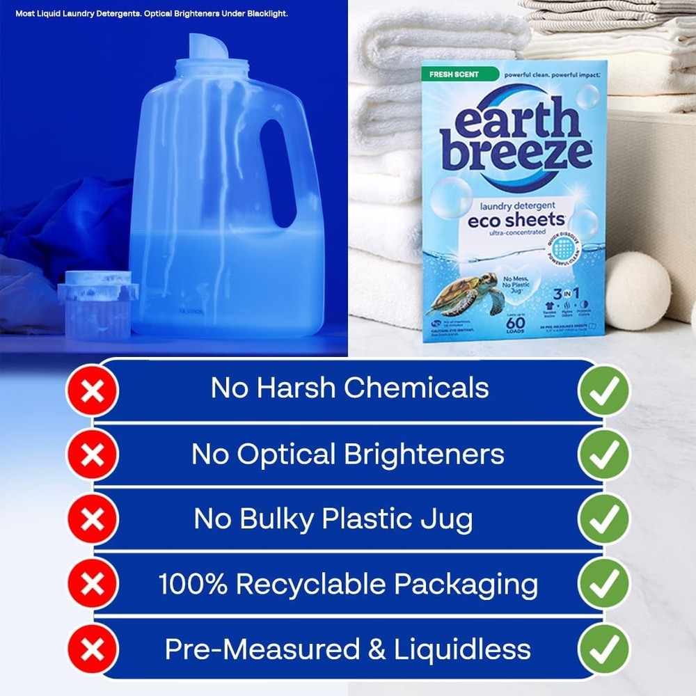 Earth Breeze Laundry Detergent Sheets Fresh Scent - 60 Loads Eco Liquidless...