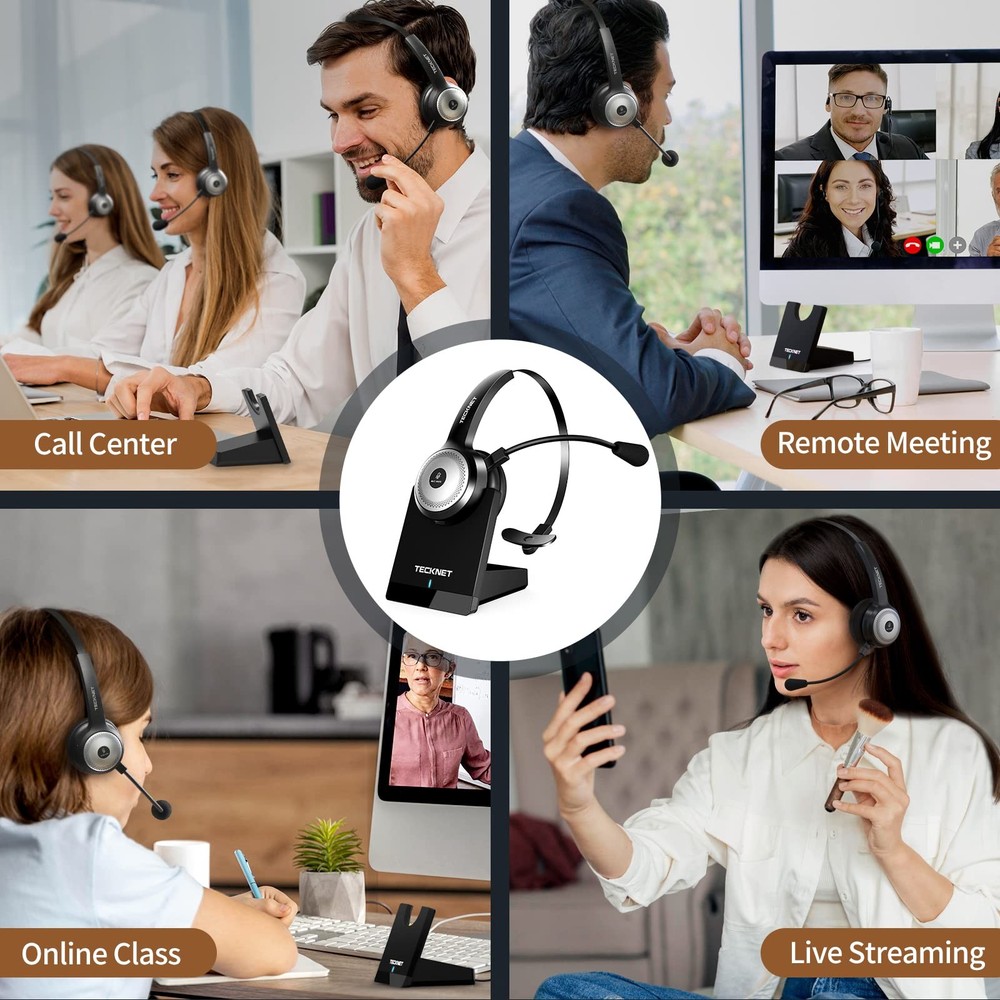 TECKNET Wireless Headset for Work, 40Hrs Worktime AI Noise Cancelling Computer H