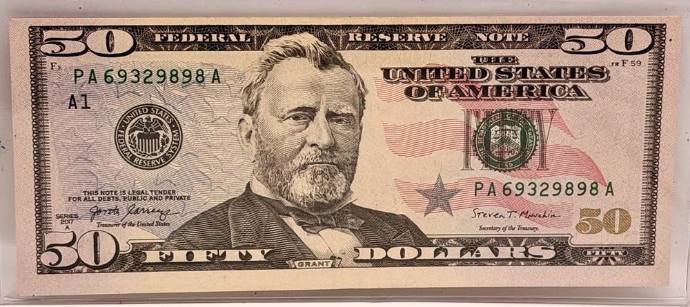 MISALIGNED FRONT  ERROR $50 DOLLAR SERIES 2017 A  US BILL REVERSE IS CENTERED