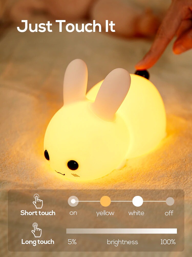 Touch Cute Rabbit Night Lights Silicone Dimmable USB Rechargeable Lamps.