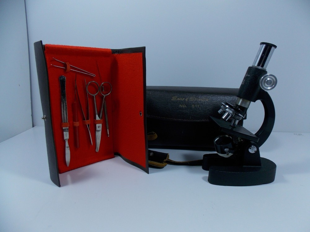 Vintage Sans & Streiffe No. 511 Lighted Microscope with Leather Case & Tools