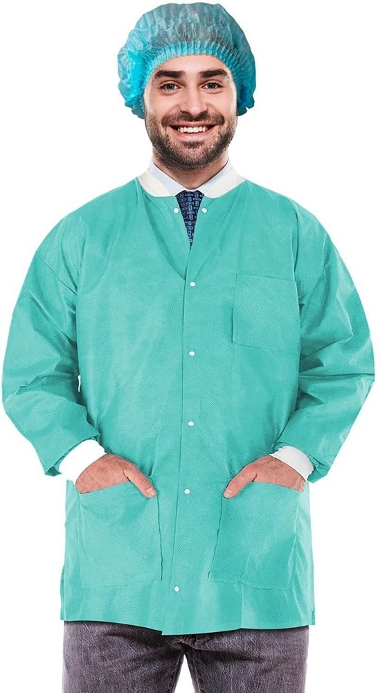 Teal Disposable Lab Jackets SMS Hip-Length Snap Front 10 Count Small Size