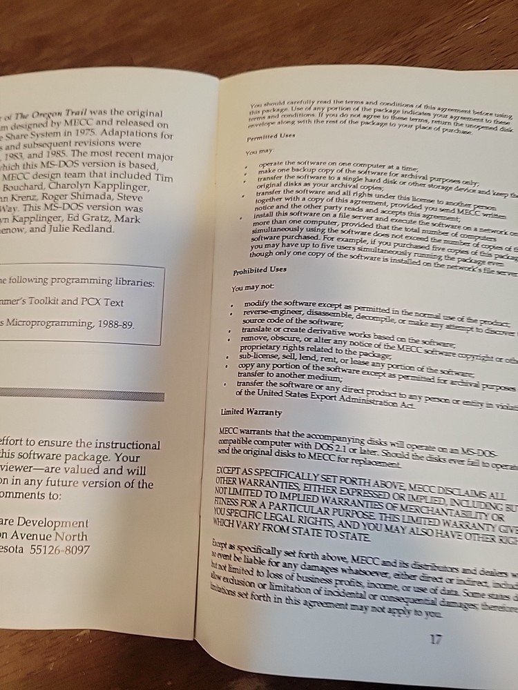 The Oregon Trail 1990 Users Guide Paperback IBM/Tandy Compatible