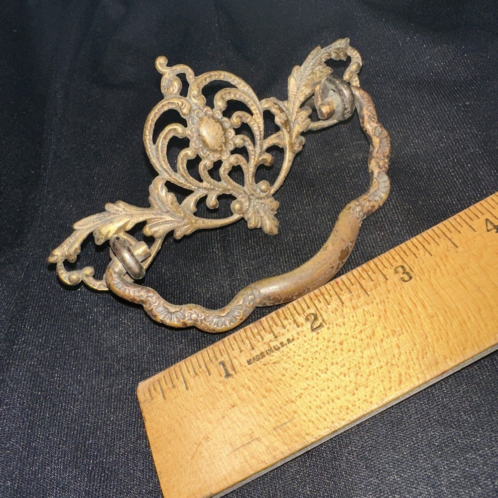 Antique Brass Drawer Pull Handle Beautiful Design & Details! For Bureau, Etc.