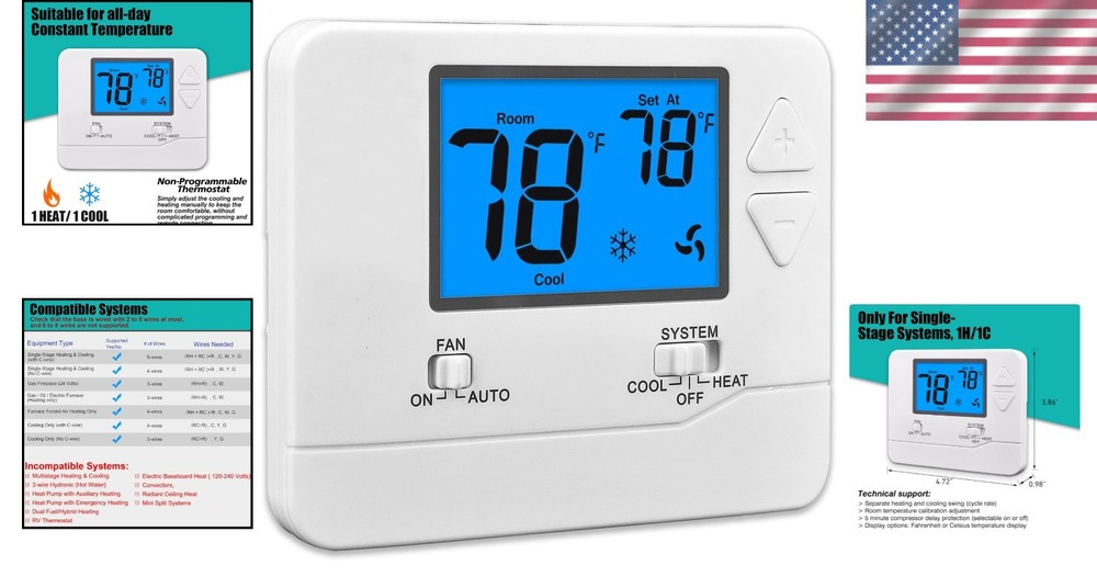 Effortless Temperature Control: Non-Programmable Thermostat with 5 Min Delay