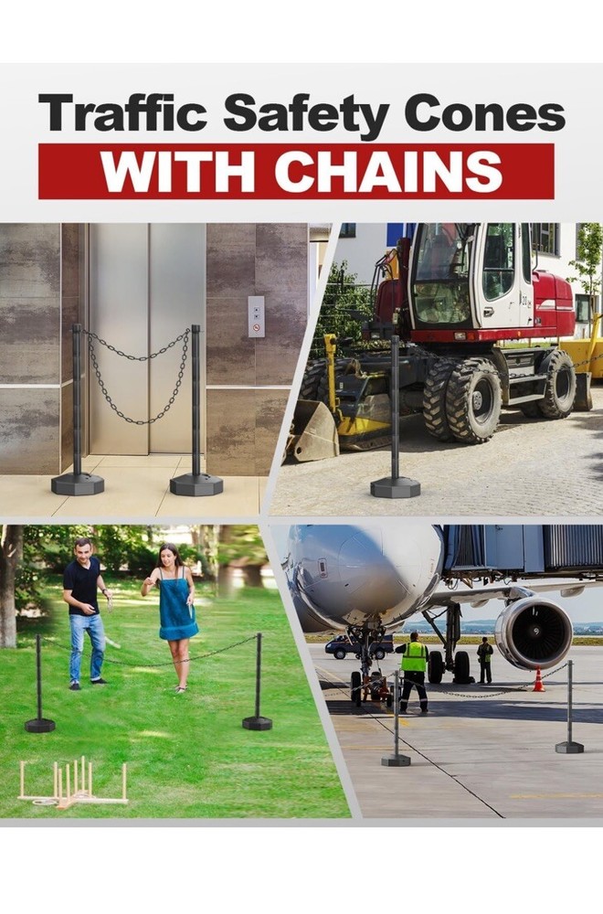 Traffic Delineator Post Cones with Fillable Base 27” Height 8FT Plastic Chain