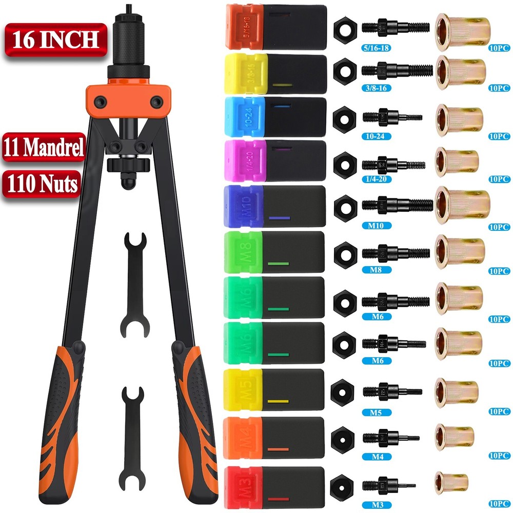 123PC 16" Rivet Gun Kit Rivnut Thread Setting Tool Nut Setter Metric&SAE Mandrel