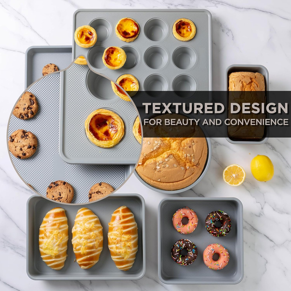 Nonstick Stackable Bakeware Set - Durable, Easy Release Baking Set, Taupe, 6 Pcs