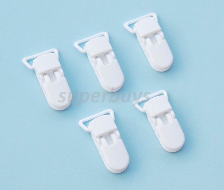 5pc White Plastic Suspender Bib Pacifier Webbing Strap Clips Buckles Ribbon KAM