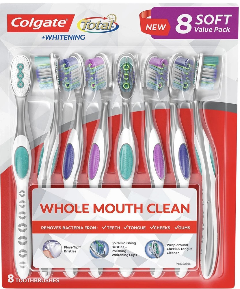 Colgate 8 Pack Total + Whitening Toothbrush Soft Bristles Floss Tip Value Pack