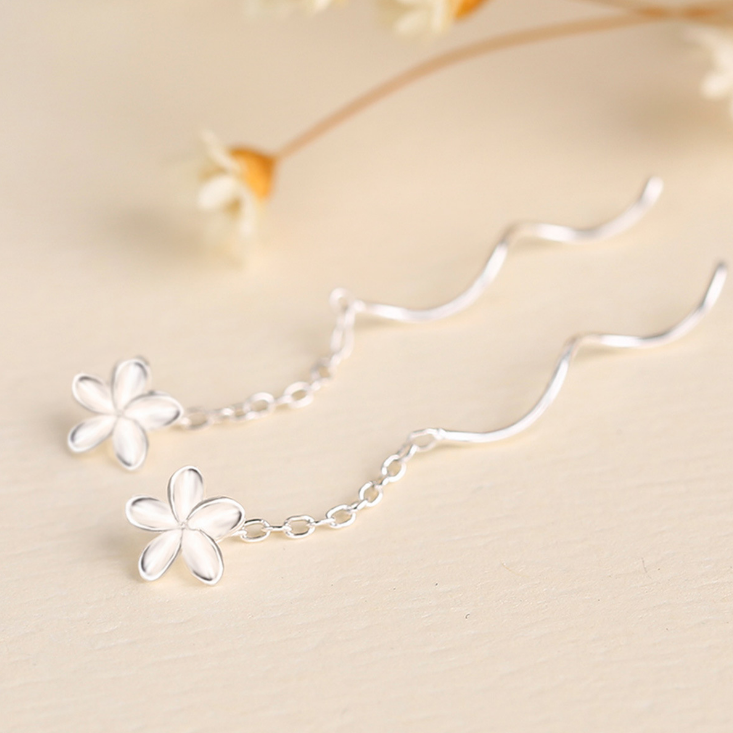 Solid Sterling Silver HAWAIIAN PLUMERIA Daisy Dangle Drop Threader Earrings G11