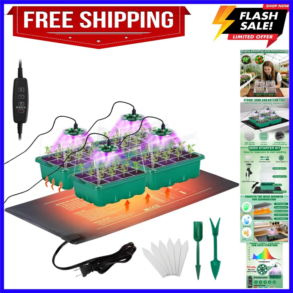 Seed Starter Tray with Grow Light & Heat Mat- 4 Pack 48 Cell Durable Easy Use...
