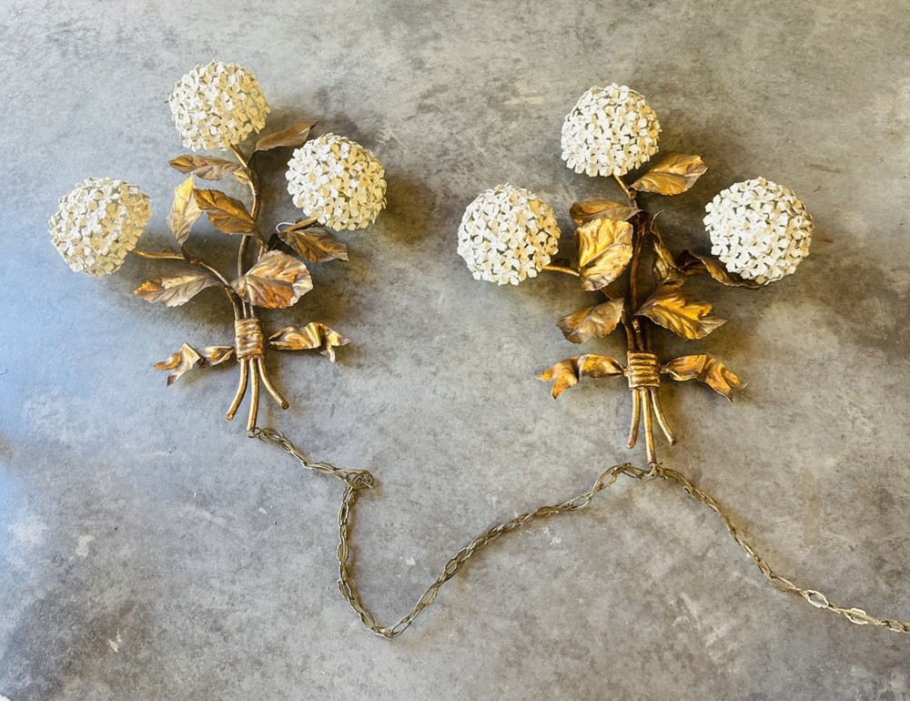 1950s Hydrangea Wall Light Sconces Italian Tole white enamel hydrangeas Pair