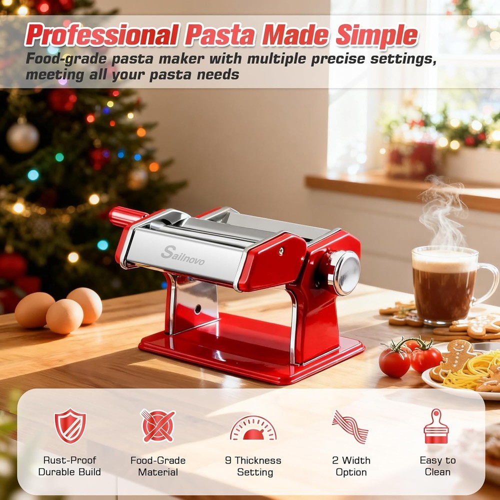 Red 180 Roller Manual Pasta Maker Machine with 9 Thickness Settings