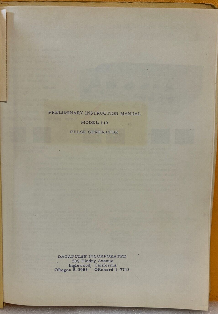 DataPulse Model 110 Pulse Generator Preliminary Instruction Manual.