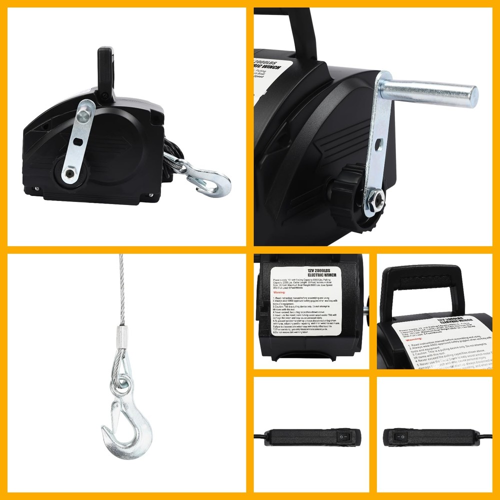 Electric Boat Winch 300W 12V DC 2000LBS Pull 5000LBS Floating 6000LBS Rolling