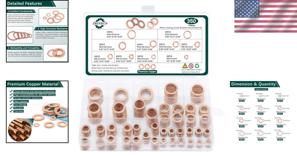 350 PCS Copper Sealing Washers Assortment – Reliable & Durable Solutions