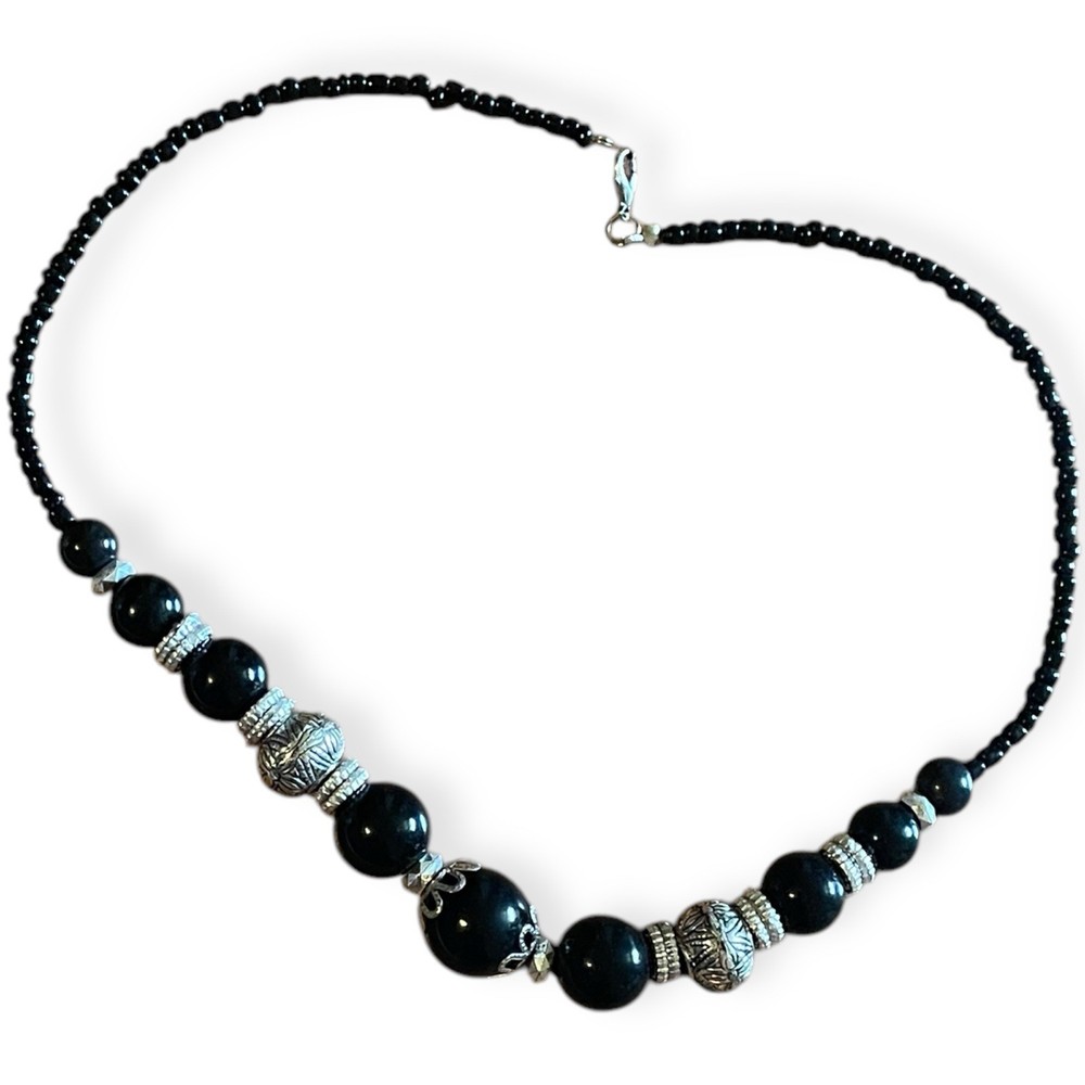 19” Black Beaded Necklace Silver Accent Filigree Spacer Boho Statement Beadwork