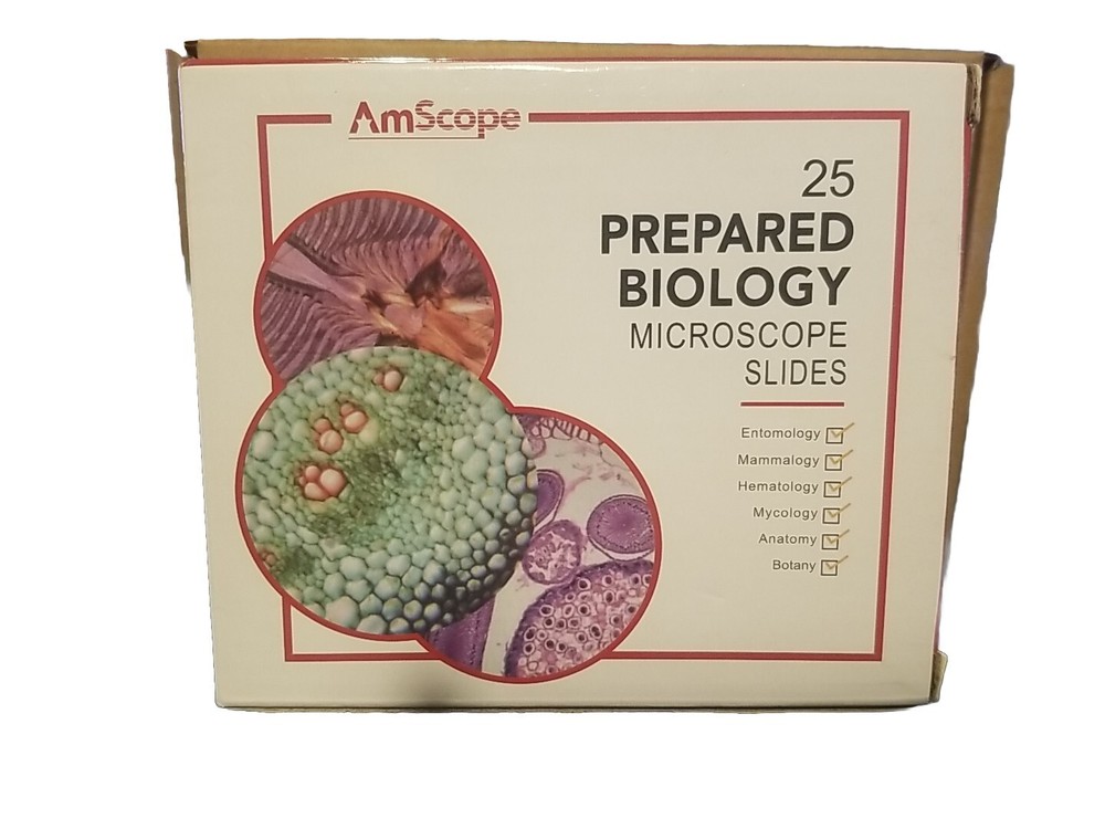 Amscope 25 prepared biology microscope slides NEW