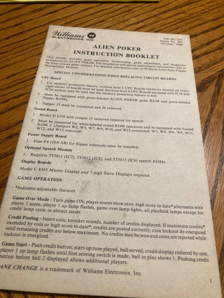Alien Poker Pinball Operator Handbook