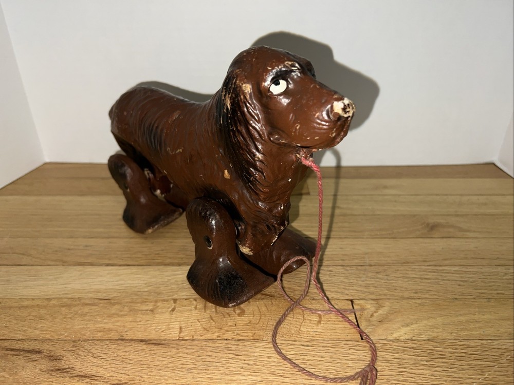 Antique Pull Toy Dog Child’s Pull Behind Early 20th C Composite Spaniel Decor