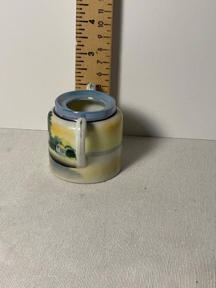 Glossy miniature sugar bowl hand painted scenery 2”