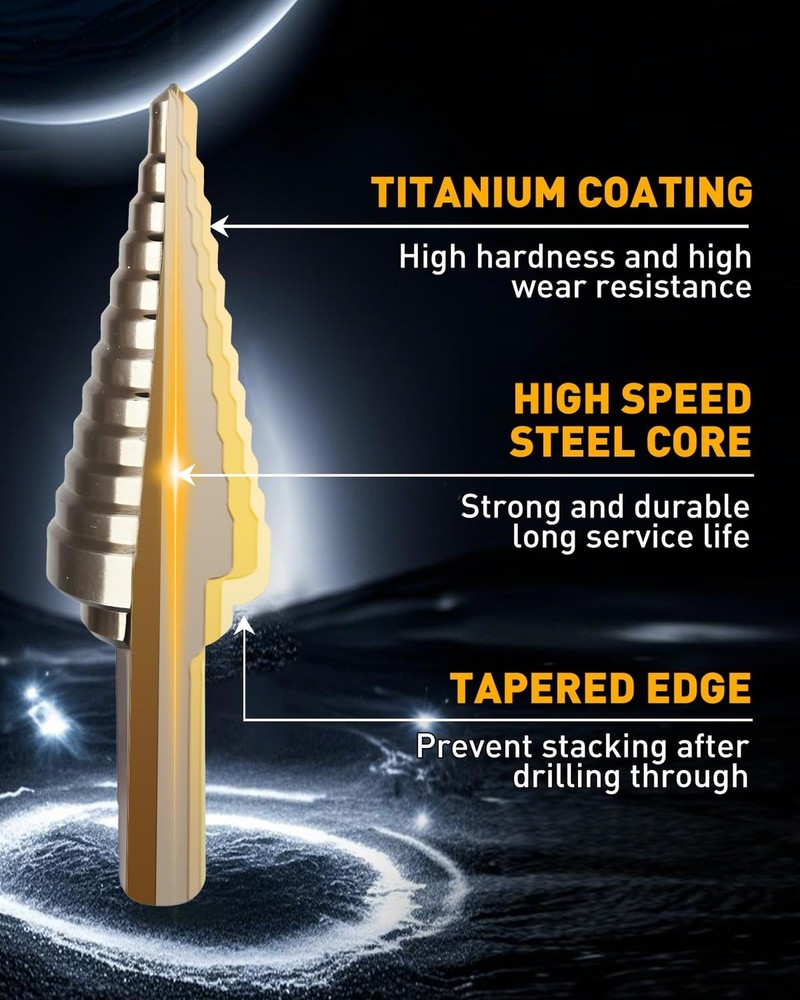 COMOWARE Step Drill Bit Set & Automatic Center Punch- Black and Gold, Double ...