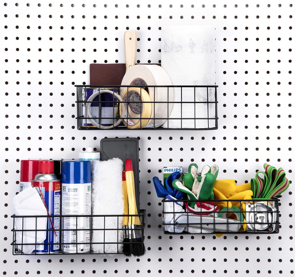3 PCS Pegboard Baskets Black Square Style Hooks Organize Tools Garage Storage