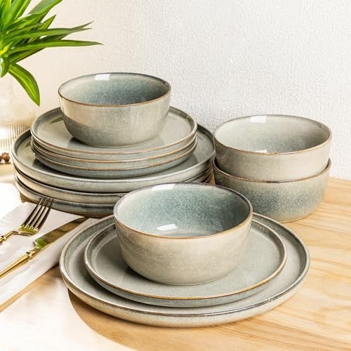Stoneware Dinnerware Set for 4 - Round Reactive Glaze Plates & Bowls, 12pc, Micr