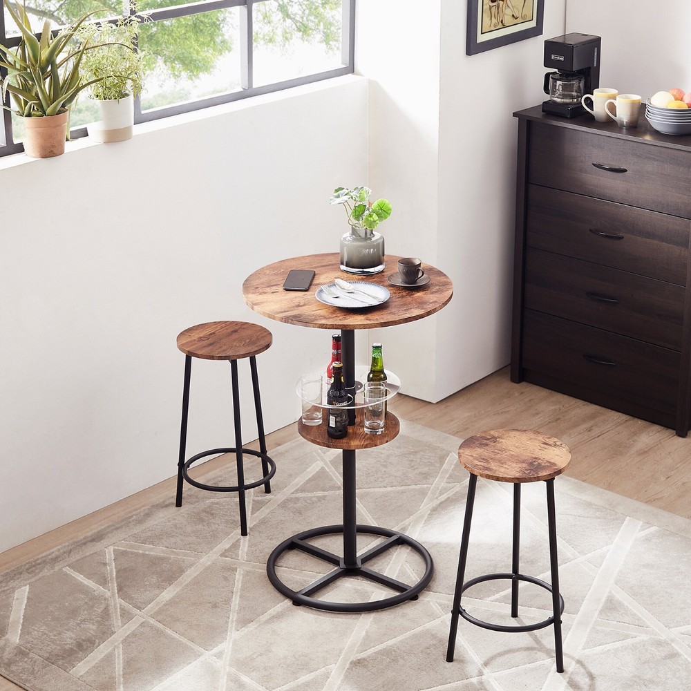 3 Piece Bar Table +2 Stools Set Round Wine Rack Table Outdoor Dining Kitchen Pub