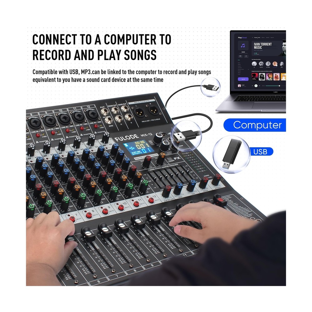 12-Channel Bluetooth Studio Audio Mixer 99 Bit DSP Digital Processor w/USB MP...