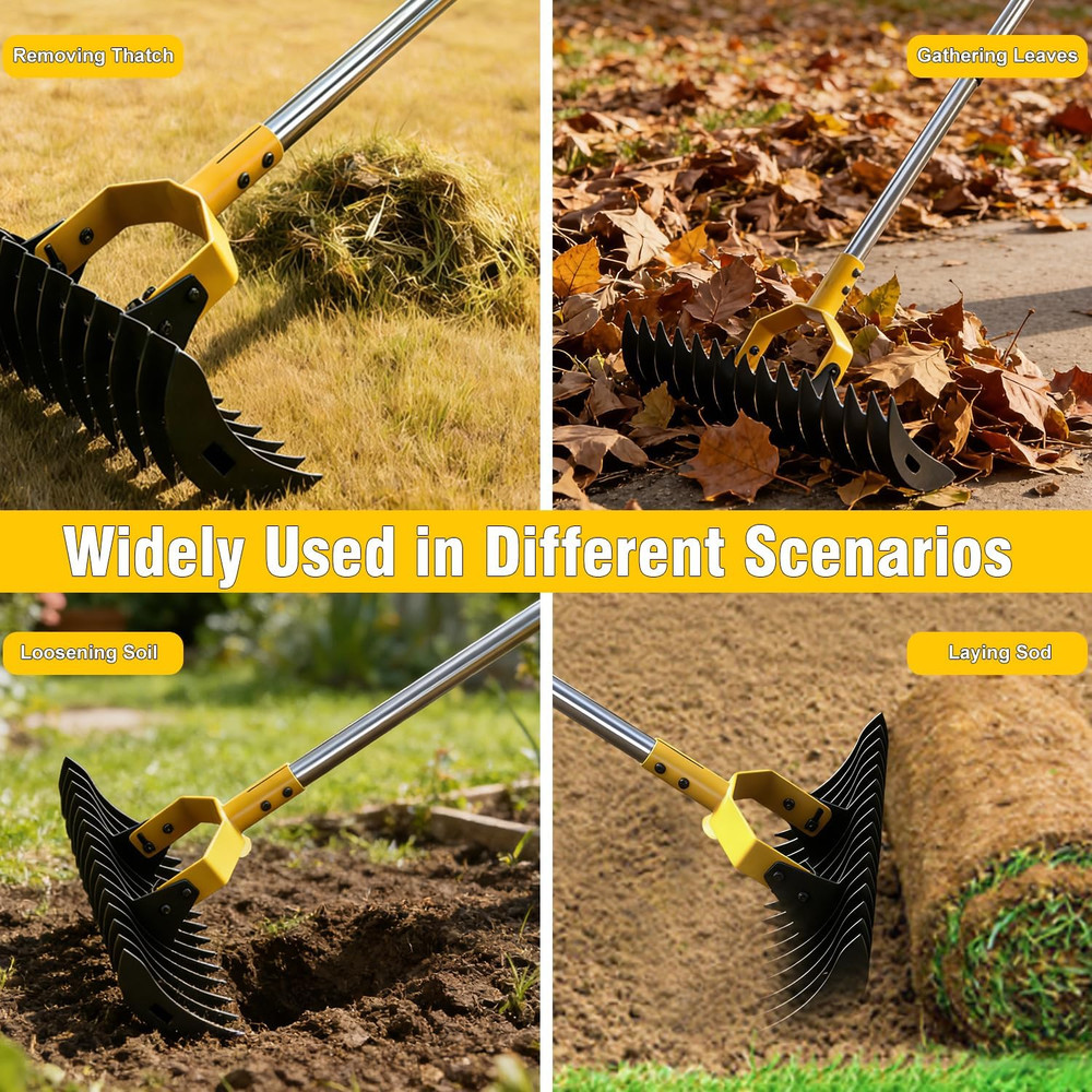 Thatch Rake, 15" Wide Lawn Dethatcher Rake, Heavy Duty Rake for Dethatching with