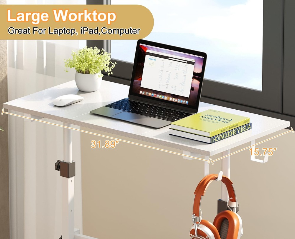 Small Adjustable Height Standing Desk With 2 Hooks, Rolling Sit Stand Up Desk Wi