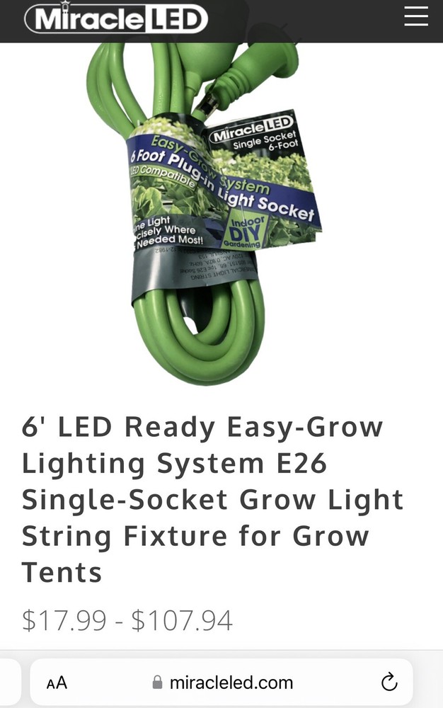 LED Miracle 6’ Single Socket Plug-in Grow Light Indoor Extension Cord Waterproof