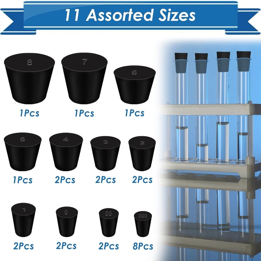 24Pcs Rubber Stoppers Assorted Sizes #000-8 Solid Lab Bottle Plug Seal Kit